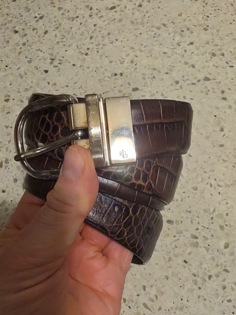 Ralph Lauren Dark Brown Croc-Embossed Leather Belt with Silver Buckle